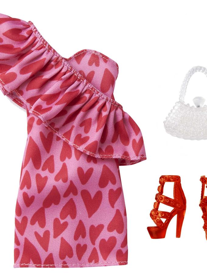 Barbie Fashion Pack Of Doll Clothes, One-Shoulder Heart Print Dress, Heels & Purse Accessory, 3 To 8 Years Old New Arrival