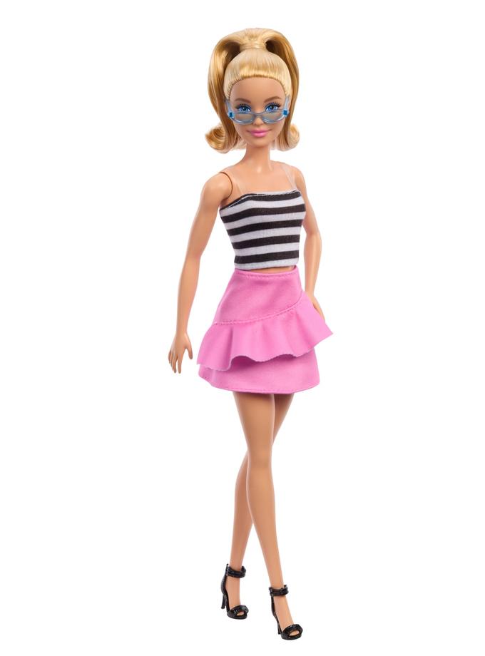 Barbie Fashionista Muñeca Blusa de Rayas Blanco y Negro con Falda Rosa Free shipping