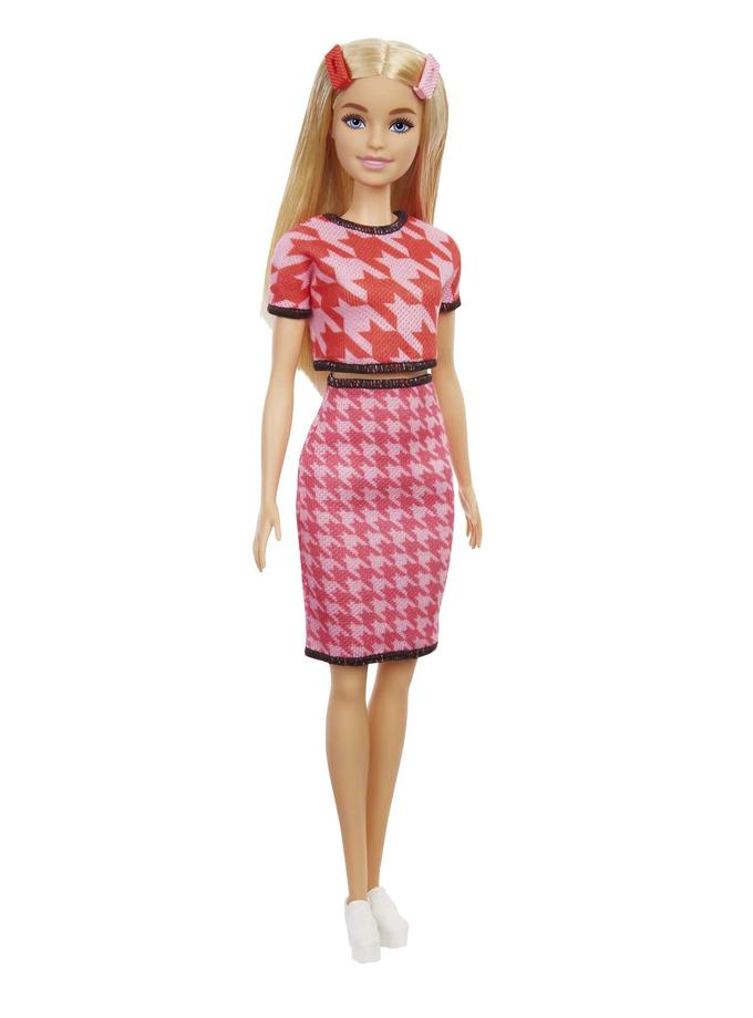 Barbie Fashionistas Doll #169 With Long Blonde Hair & Houndstooth Crop Top & Skirt, Platform Shoes & 2 Barrettes, 3 To 8 Years Old Best Price