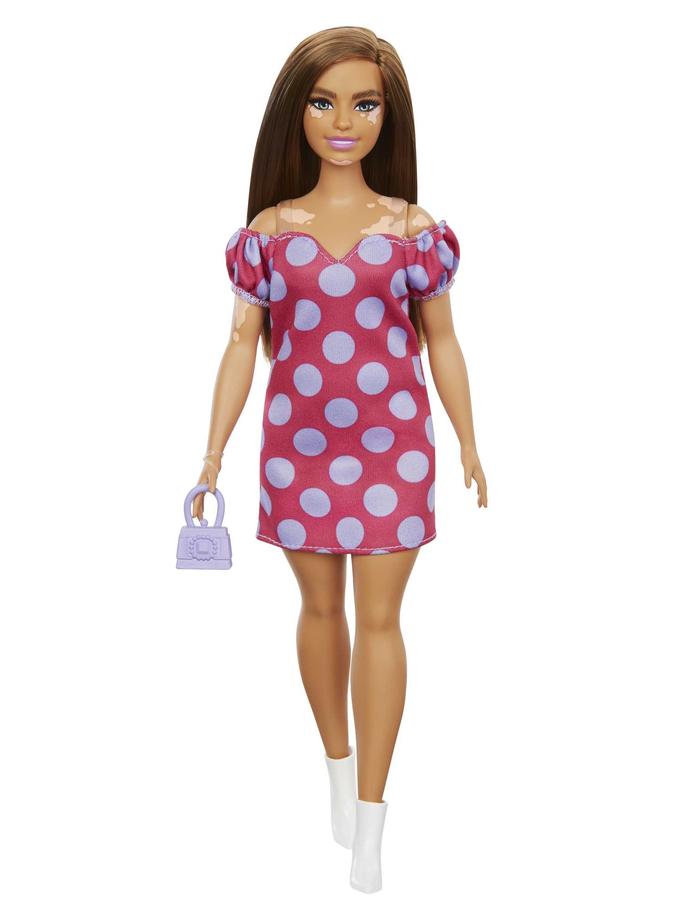 Barbie Fashionistas Doll #171, Curvy, Vitiligo, Long Brunette Hair, Off-Shoulder Polka Dot Dress, Purse, Boots, 3 To 8 Years Old Best Buy