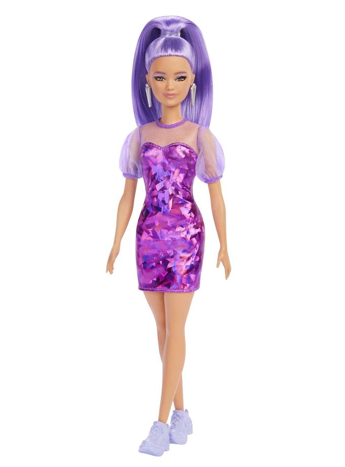 Barbie Fashionistas Doll #178, Petite, Long Purple Hair & Purple Metallic Dress, Sheer Bodice & Sleeves, Purple Sneakers, 3 To 8 Years Old Same Day Delivery