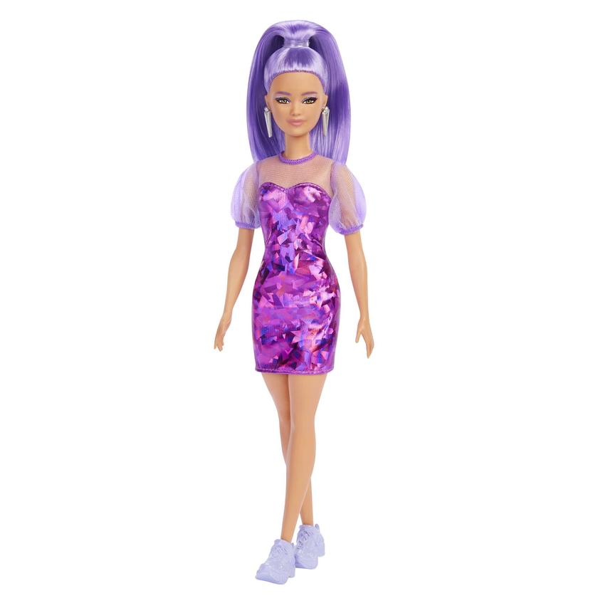 Barbie Fashionistas Doll #178, Petite, Long Purple Hair & Purple Metallic Dress, Sheer Bodice & Sleeves, Purple Sneakers, 3 To 8 Years Old Same Day Delivery