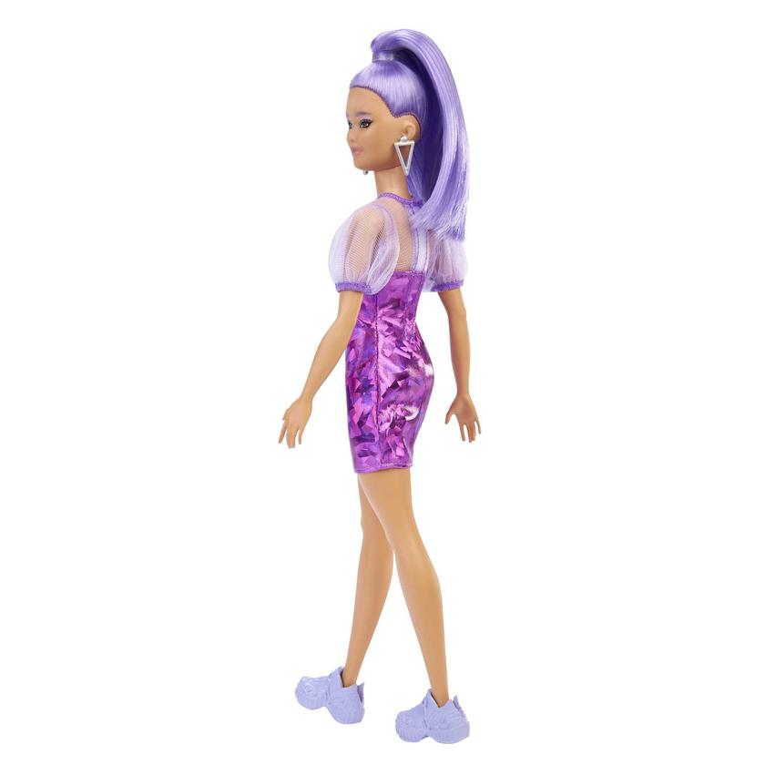 Barbie Fashionistas Doll #178, Petite, Long Purple Hair & Purple Metallic Dress, Sheer Bodice & Sleeves, Purple Sneakers, 3 To 8 Years Old Same Day Delivery