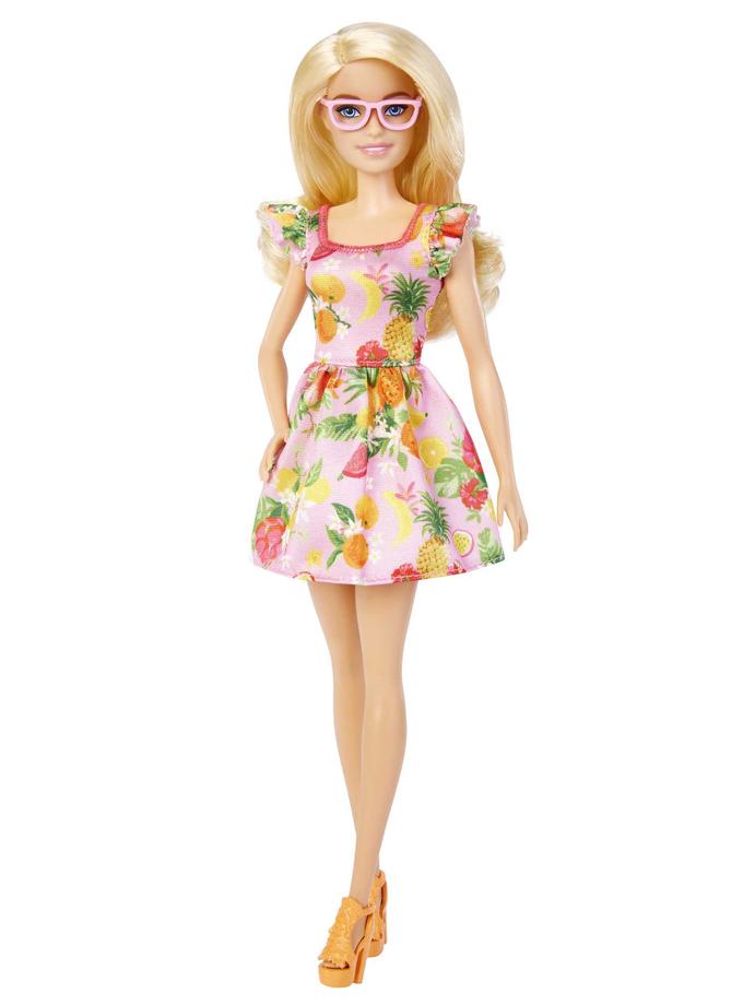 Barbie Fashionistas Doll #181 With Blonde Hair In Fruit Print Dress, Orange Heels & Pink Eyeglasses High Quality