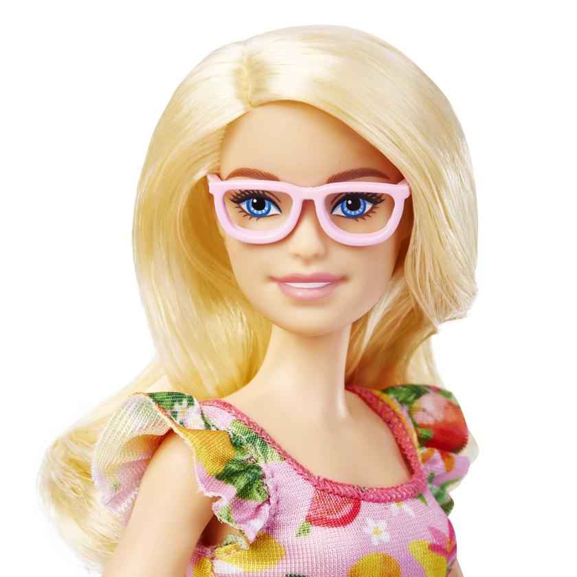 Barbie Fashionistas Doll #181 With Blonde Hair In Fruit Print Dress, Orange Heels & Pink Eyeglasses High Quality