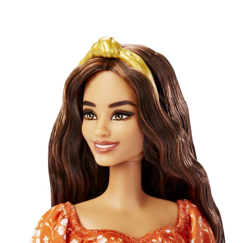 Barbie Fashionistas Doll #182, Long Wavy Brunette Hair, Headband, Orange Floral Print Dress & Heels, 3 To 8 Years Old Free shipping