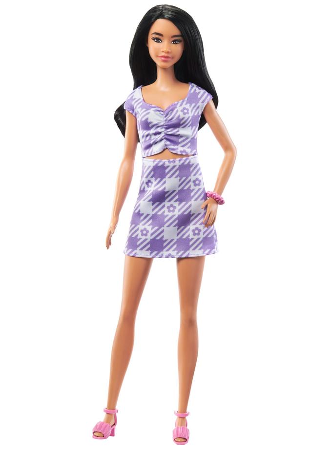 Barbie Fashionistas Doll #199, Tall Body With Wavy Black Hair, Purple Gingham Dress And Accessories High Quality