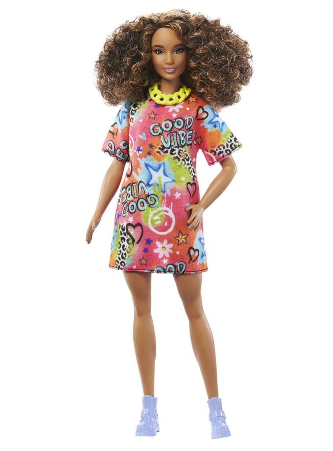 Barbie Fashionistas Doll #201, Athletic Body With Curly Brown Hair, Graffiti Dress And Accessories For Sale