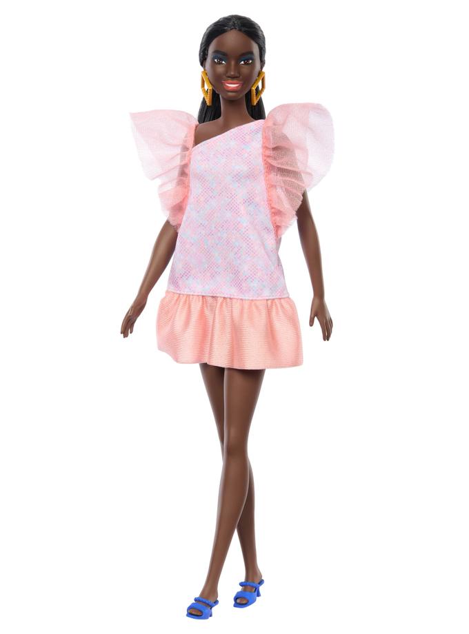 Barbie Fashionistas Doll #216 With Tall Body, Black Straight Hair & Peach Dress, 65th Anniversary Best Price