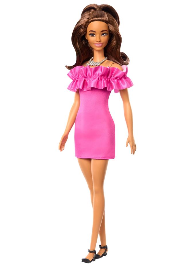 Barbie Fashionistas Doll #217 With Brown Wavy Hair & Pink Dress, 65th Anniversary High Quality