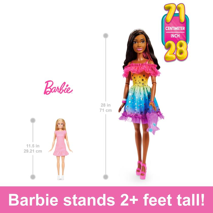 Barbie Large Doll, Dark Brown Hair, 28 Inches Tall With Rainbow Dress & Accessories Like Shooting Star Handbag Best Seller