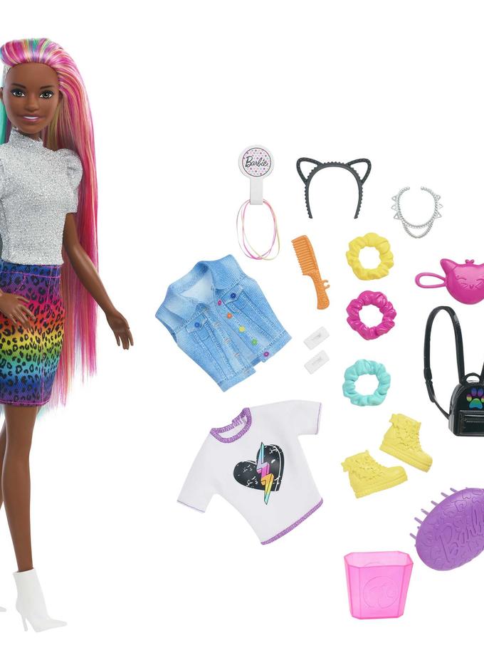 Barbie Leopard Rainbow Hair Doll With Color-Change Hair Feature, 16 Accessories, Ages 3 To 7 Best Seller