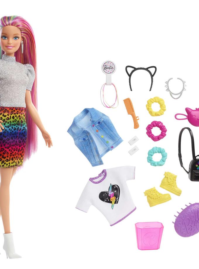 Barbie Leopard Rainbow Hair Doll With Color-Change Hair Feature, 16 Accessories, Ages 3 To 7 Free shipping