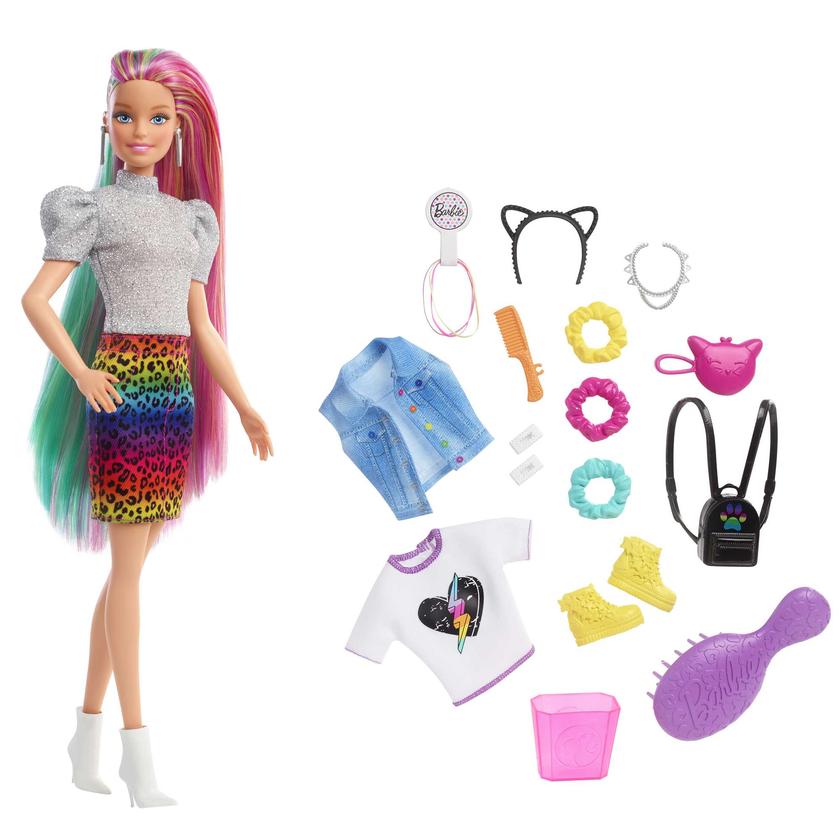 Barbie Leopard Rainbow Hair Doll With Color-Change Hair Feature, 16 Accessories, Ages 3 To 7 Free shipping