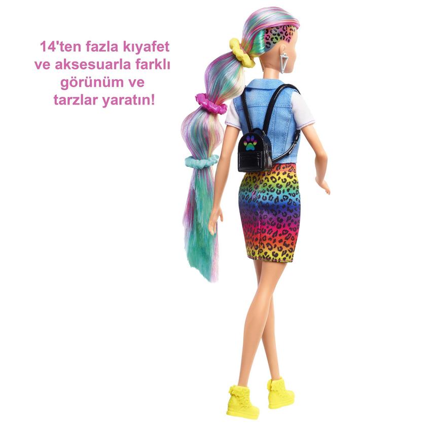 Barbie Leopard Rainbow Hair Doll With Color-Change Hair Feature, 16 Accessories, Ages 3 To 7 Free shipping