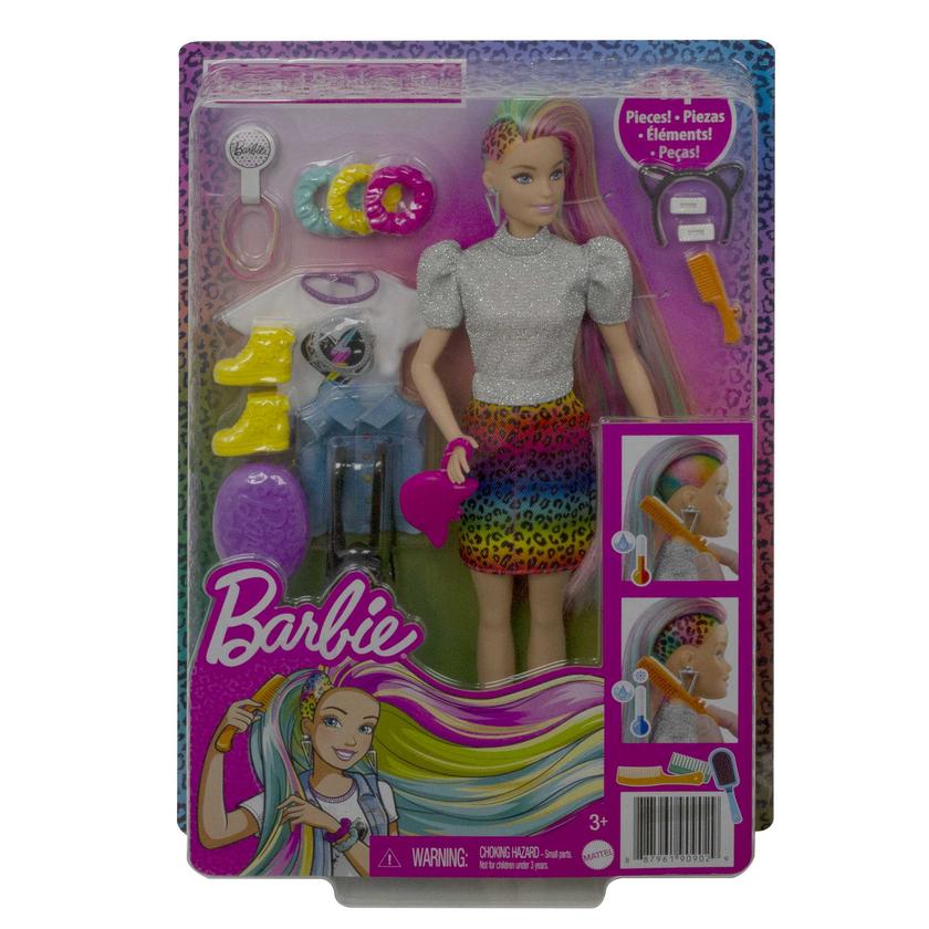 Barbie Leopard Rainbow Hair Doll With Color-Change Hair Feature, 16 Accessories, Ages 3 To 7 Free shipping