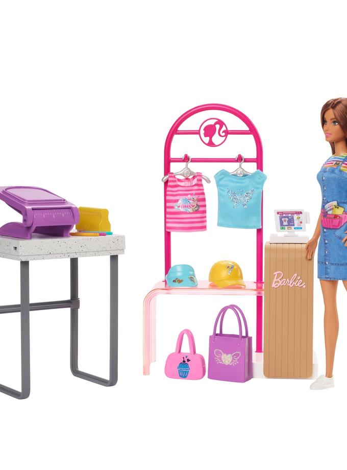 Barbie Make & Sell Boutique Playset With Brunette Doll, Foil Design Tools, Clothes & Accessories Free shipping