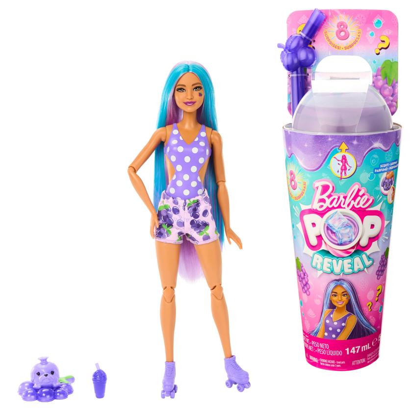 Barbie Pop Reveal Fruit Series Grape Fizz Doll, 8 Surprises Include Pet, Slime, Scent & Color Change New Arrival