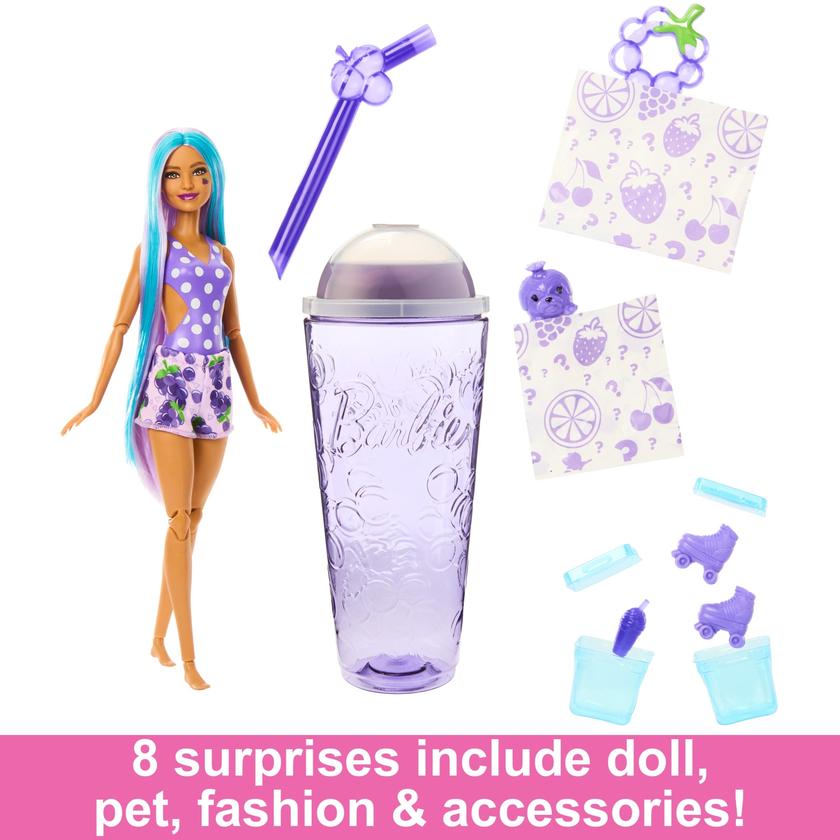 Barbie Pop Reveal Fruit Series Grape Fizz Doll, 8 Surprises Include Pet, Slime, Scent & Color Change New Arrival