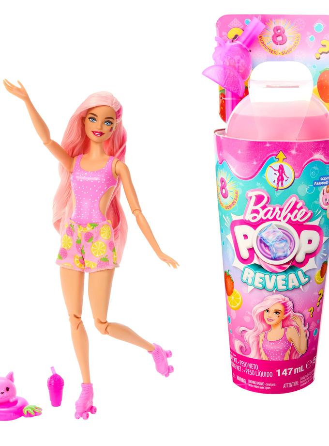 Barbie Pop Reveal Fruit Series Strawberry Lemonade Doll, 8 Surprises Include Pet, Slime, Scent & Color Change High Quality