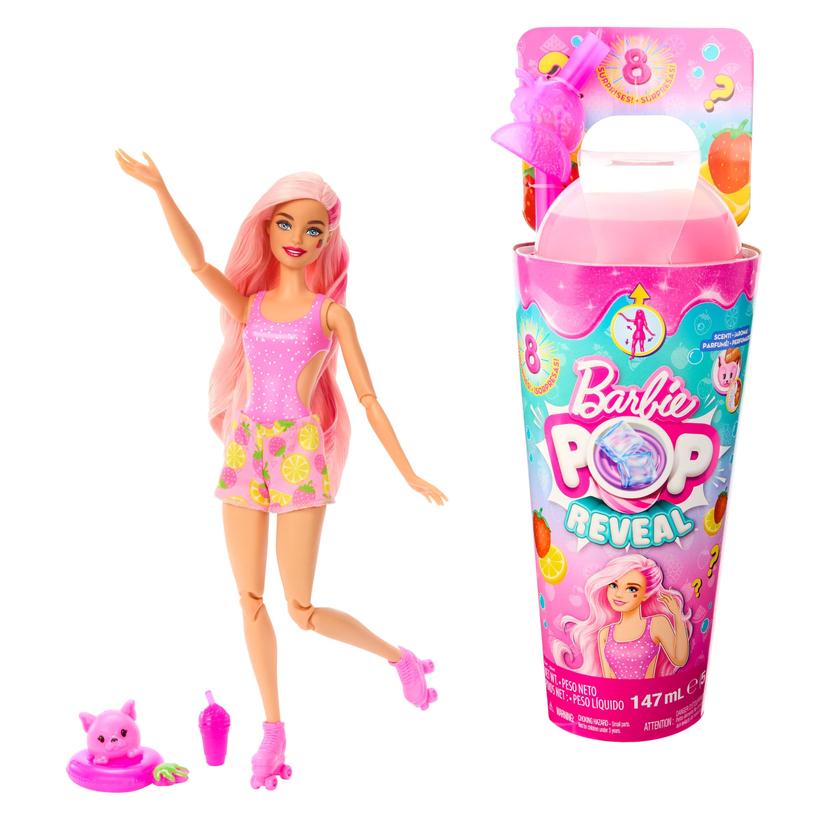 Barbie Pop Reveal Fruit Series Strawberry Lemonade Doll, 8 Surprises Include Pet, Slime, Scent & Color Change High Quality