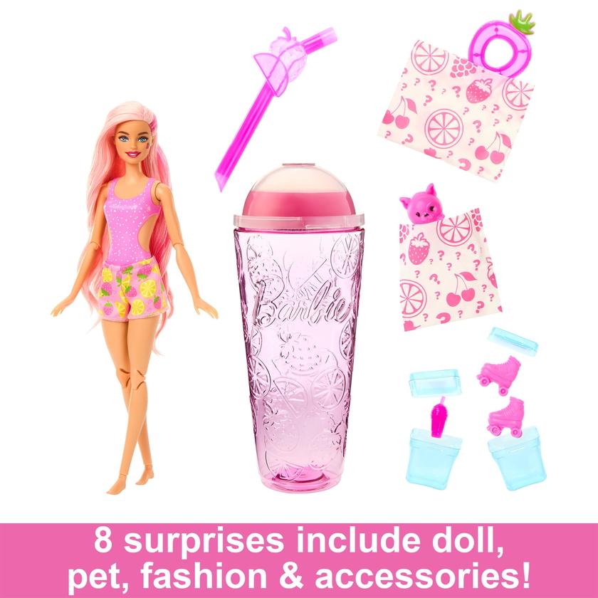 Barbie Pop Reveal Fruit Series Strawberry Lemonade Doll, 8 Surprises Include Pet, Slime, Scent & Color Change High Quality