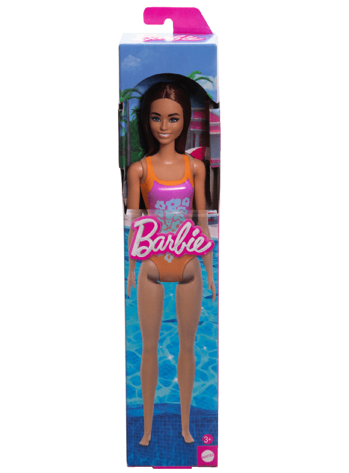 Barbie  Poupée Plage  Cheveux Brun Clair, Maillot Rose et Orange For Sale