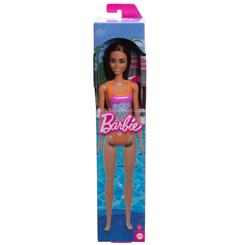 Barbie  Poupée Plage  Cheveux Brun Clair, Maillot Rose et Orange For Sale