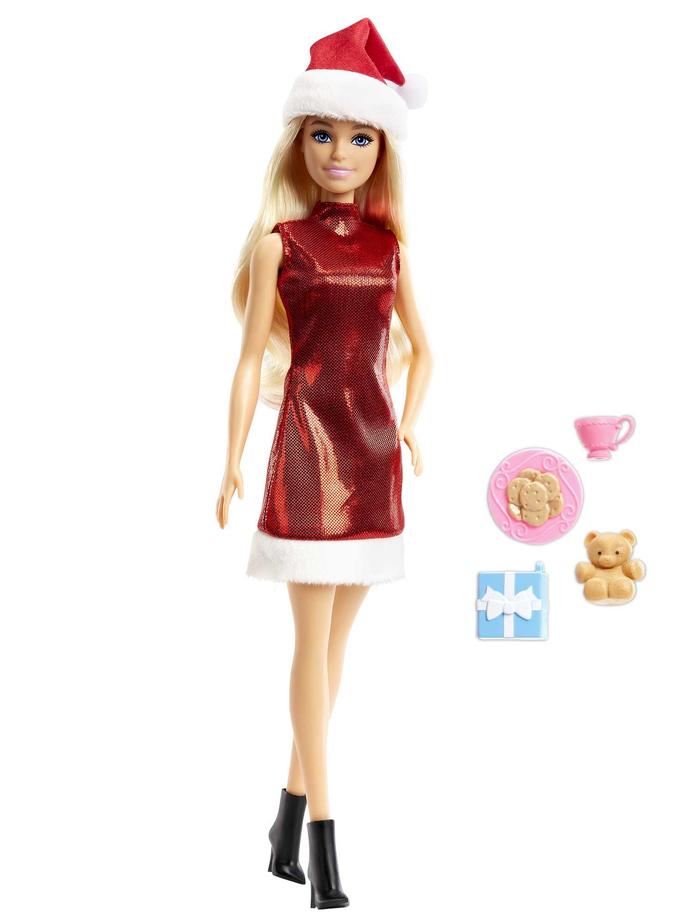 Barbie Santa Doll, Blonde, Dress & Santa Hat, Teddy Bear, Gift, Milk & Cookies Best Buy