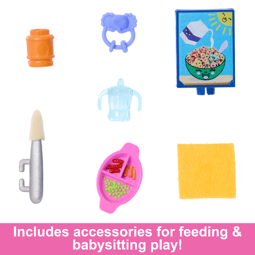 Barbie Skipper Babysitters inc & Playset, includes Doll, Baby, And Mealtime Accessories, 10 Piece Set For Sale