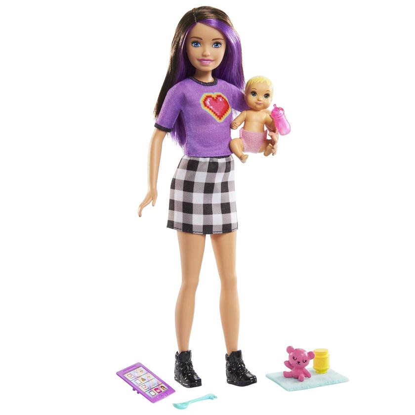 Barbie Skipper Babysitters Inc Set With Skipper Doll in Checked Skirt, Baby Doll & 4 Themed Pieces High Quality