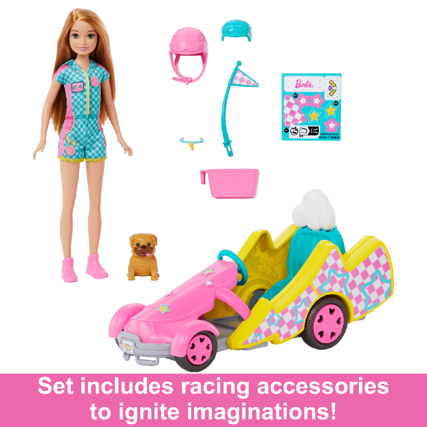 Barbie Stacie Racer Doll With Go-Kart Toy Car, Dog, Accessories, & Sticker Sheet New Arrival