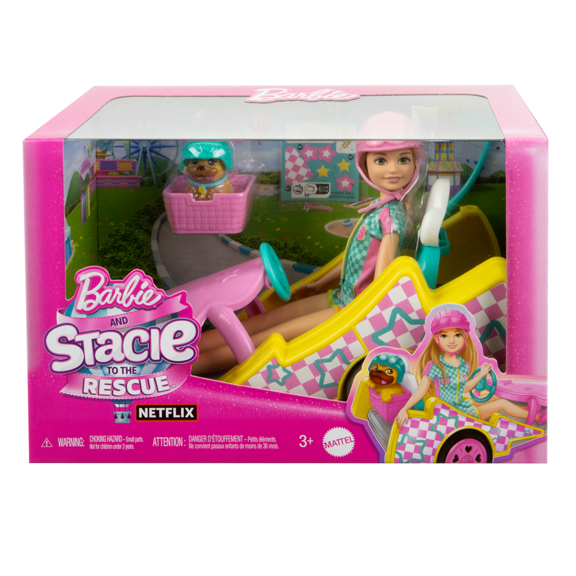 Barbie Stacie Racer Doll With Go-Kart Toy Car, Dog, Accessories, & Sticker Sheet New Arrival