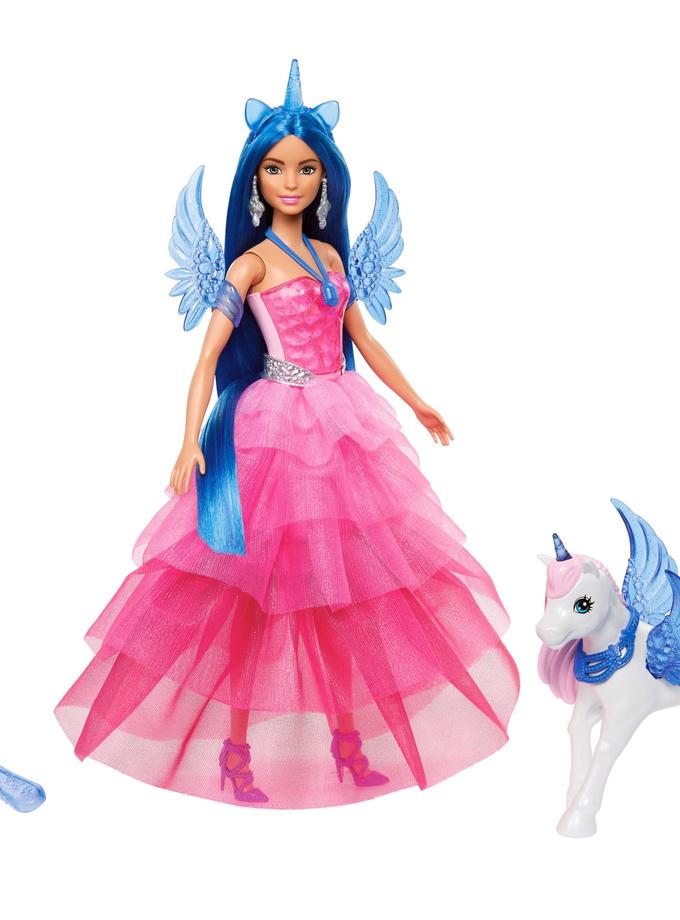 Barbie Unicorn Toy, 65th Anniversary Doll With Blue Hair, Pink Gown & Pet Alicorn Free shipping