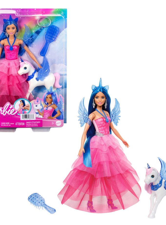 Barbie Unicorn Toy, 65th Anniversary Doll With Blue Hair, Pink Gown & Pet Alicorn Free shipping