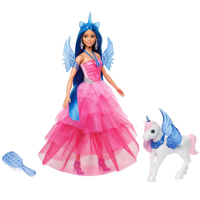 Barbie Unicorn Toy, 65th Anniversary Doll With Blue Hair, Pink Gown & Pet Alicorn Free shipping