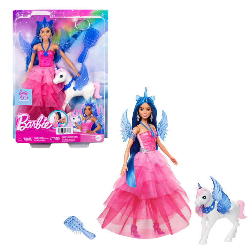 Barbie Unicorn Toy, 65th Anniversary Doll With Blue Hair, Pink Gown & Pet Alicorn Free shipping