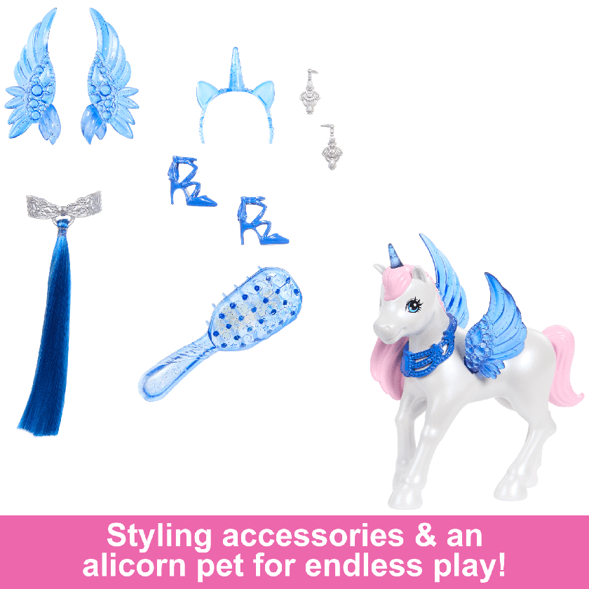 Barbie Unicorn Toy, 65th Anniversary Doll With Blue Hair, Pink Gown & Pet Alicorn Free shipping