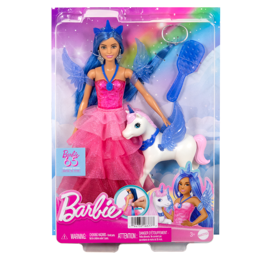 Barbie Unicorn Toy, 65th Anniversary Doll With Blue Hair, Pink Gown & Pet Alicorn Free shipping