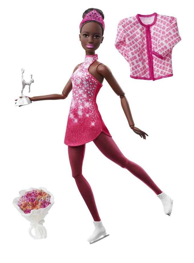 Barbie Winter Sports Ice Skater Brunette Doll With Pink Dress, Jacket, Rose Bouquet, & Trophy, 3 & Up For Sale