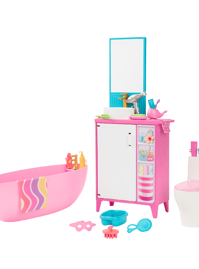 Barbie World Bathtime Toy Playset With 19 Dollhouse Accessories Including Bathtub, Toilet, & Vanity High Quality