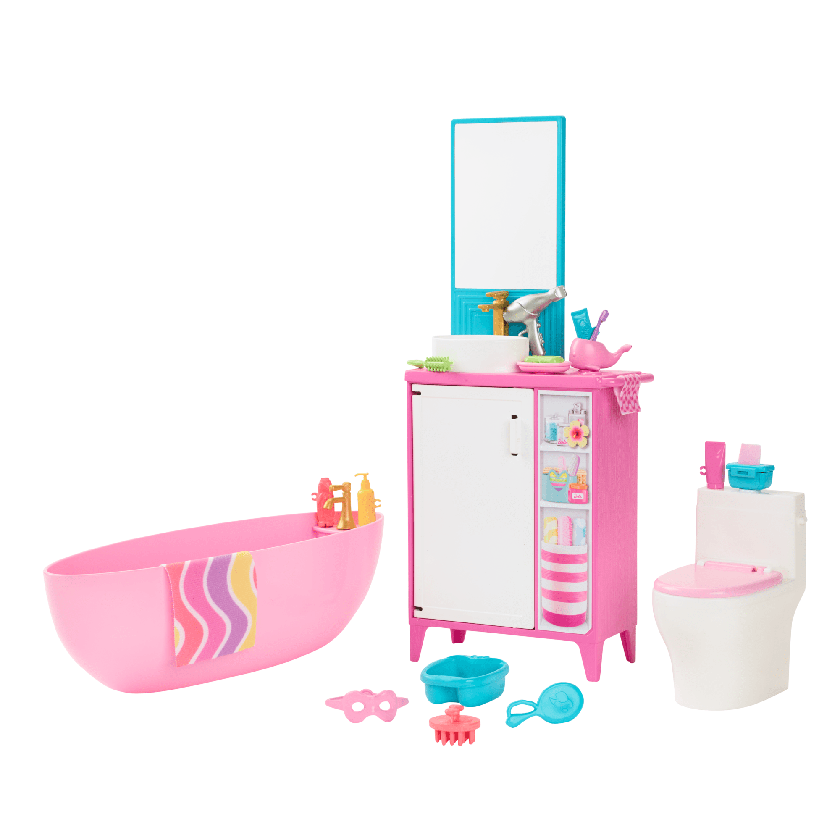 Barbie World Bathtime Toy Playset With 19 Dollhouse Accessories Including Bathtub, Toilet, & Vanity High Quality