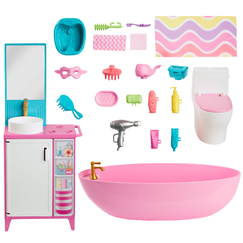 Barbie World Bathtime Toy Playset With 19 Dollhouse Accessories Including Bathtub, Toilet, & Vanity High Quality