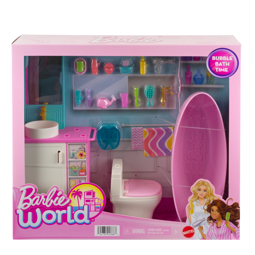 Barbie World Bathtime Toy Playset With 19 Dollhouse Accessories Including Bathtub, Toilet, & Vanity High Quality