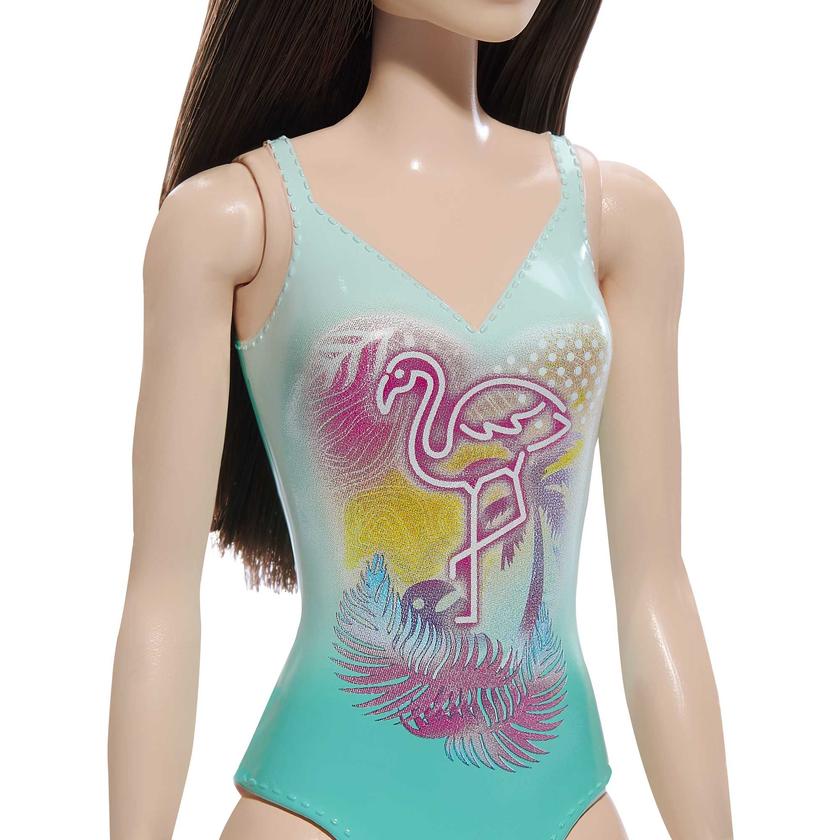 Beach Barbie Doll With Black Hair Wearing Tropical Blue Swimsuit For Sale