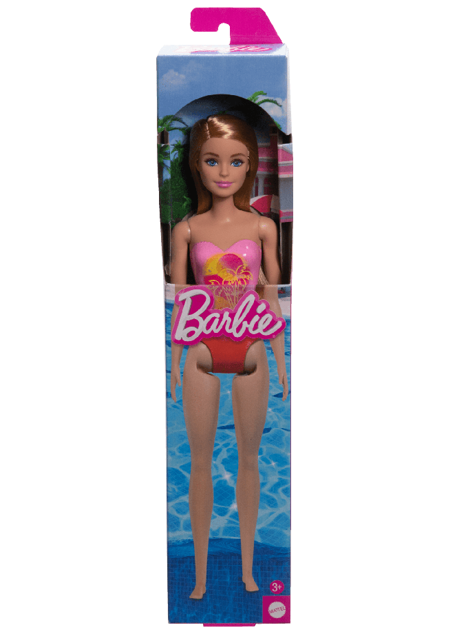 Beach Barbie Doll With Blond Hair Wearing Pink Palm Tree-Print Swimsuit New Arrival