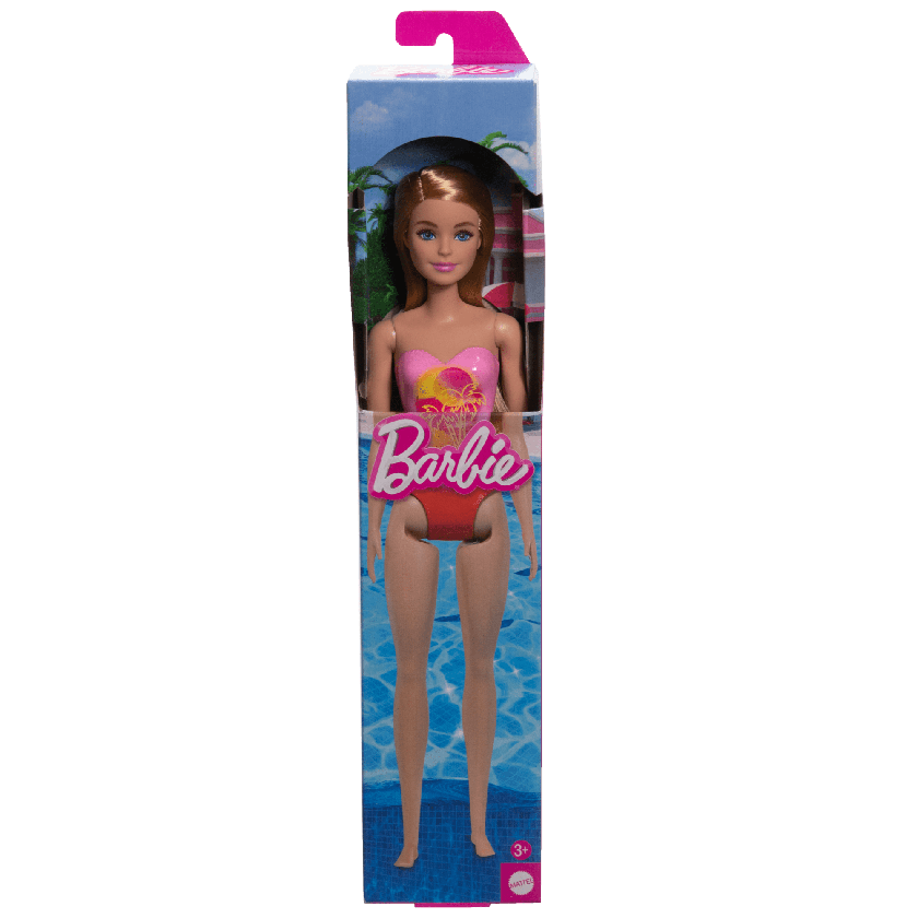 Beach Barbie Doll With Blond Hair Wearing Pink Palm Tree-Print Swimsuit New Arrival