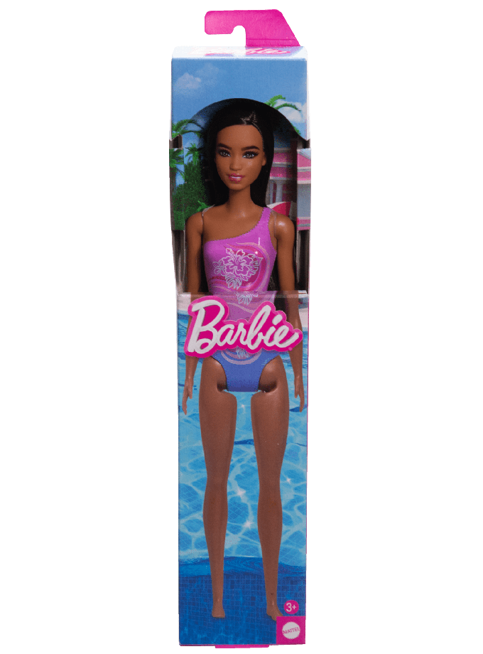 Beach Barbie Doll With Dark Brown Hair Wearing Tropical Purple Swimsuit Free shipping