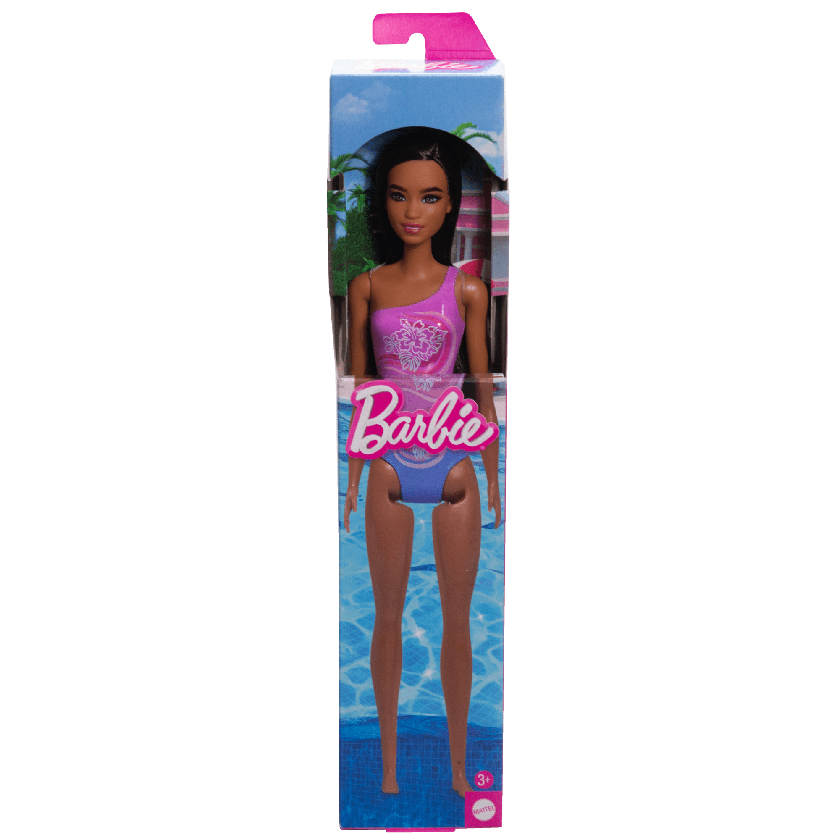 Beach Barbie Doll With Dark Brown Hair Wearing Tropical Purple Swimsuit Free shipping