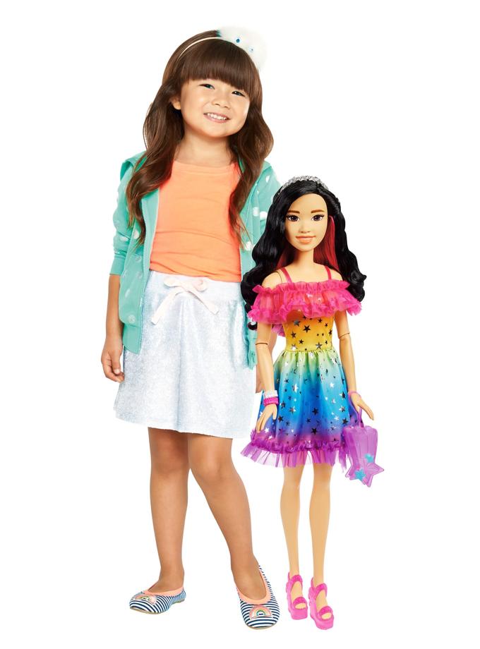 Large Barbie Doll, 28 Inches Tall, Black Hair And Rainbow Dress Free shipping